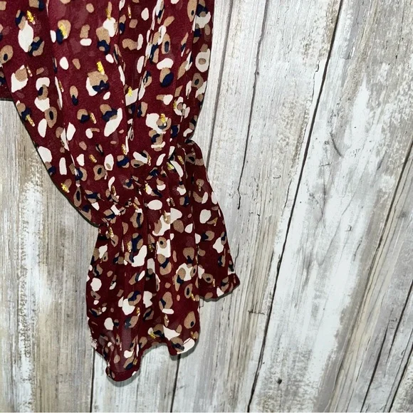 She & Sky Wine Printed Smocked Cropped Blouse - Picture 3 of 5